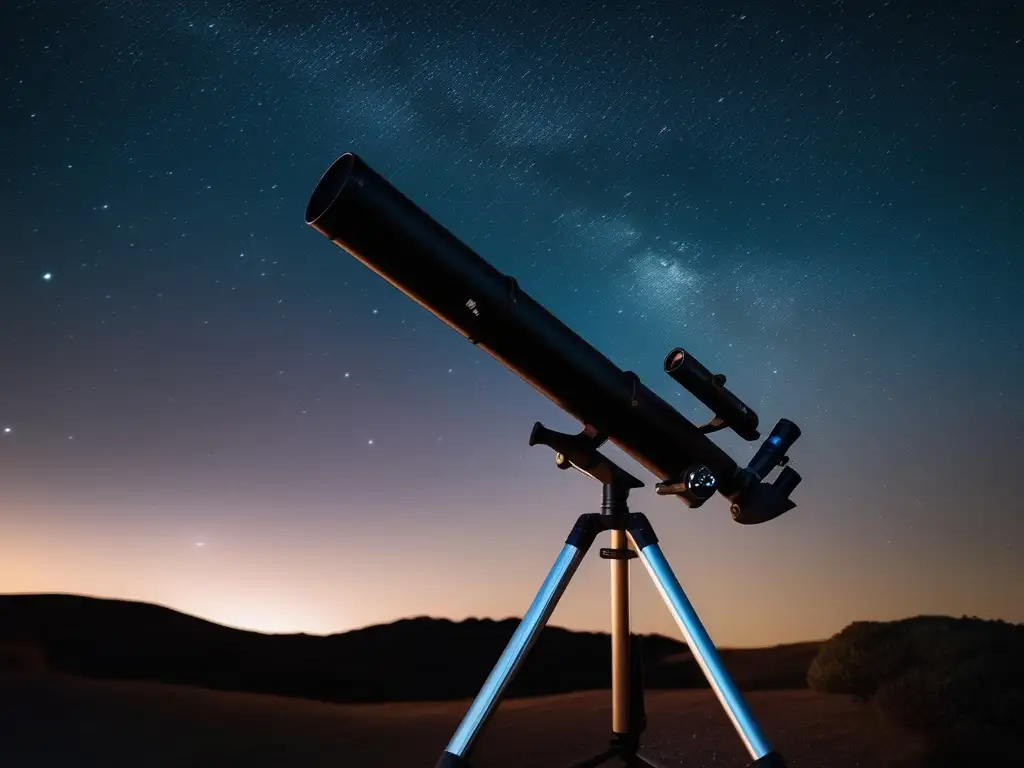 Telescopio moderno en noche estrellada Guía de equipamiento para turismo astronómico con telescopio profesional y trípode ajustable bajo un cielo estrellado