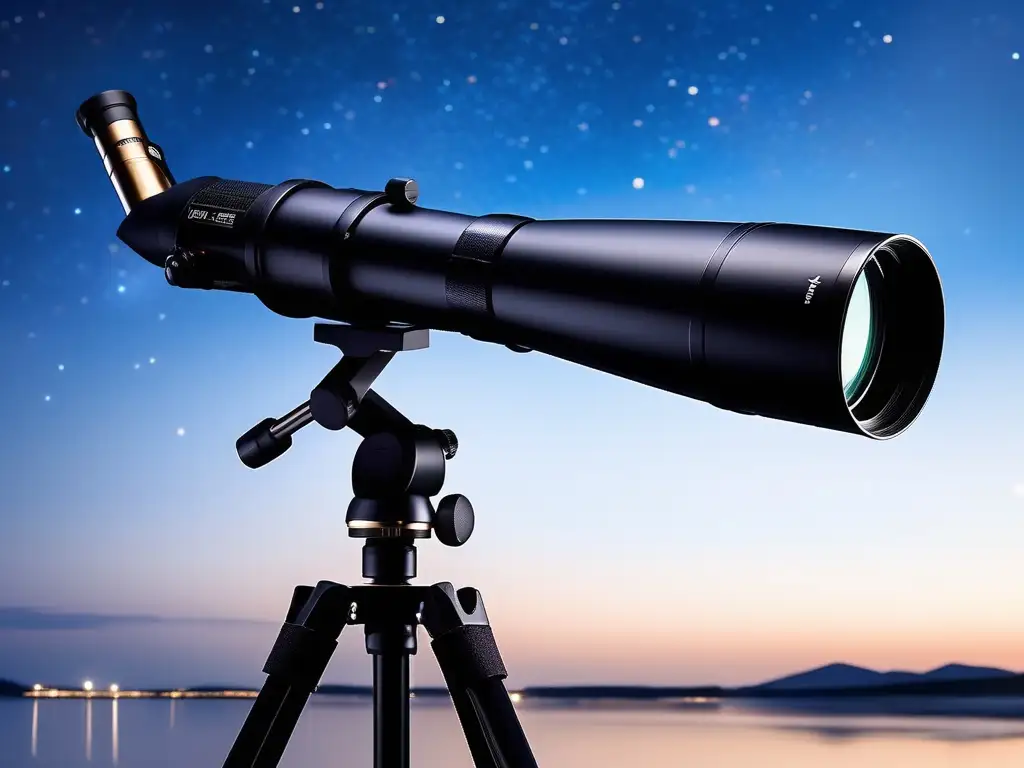 Telescopio moderno en cielo estrellado Mejorar equipo observación astronómica con telescopio moderno, trípode elegante y cielo estrellado