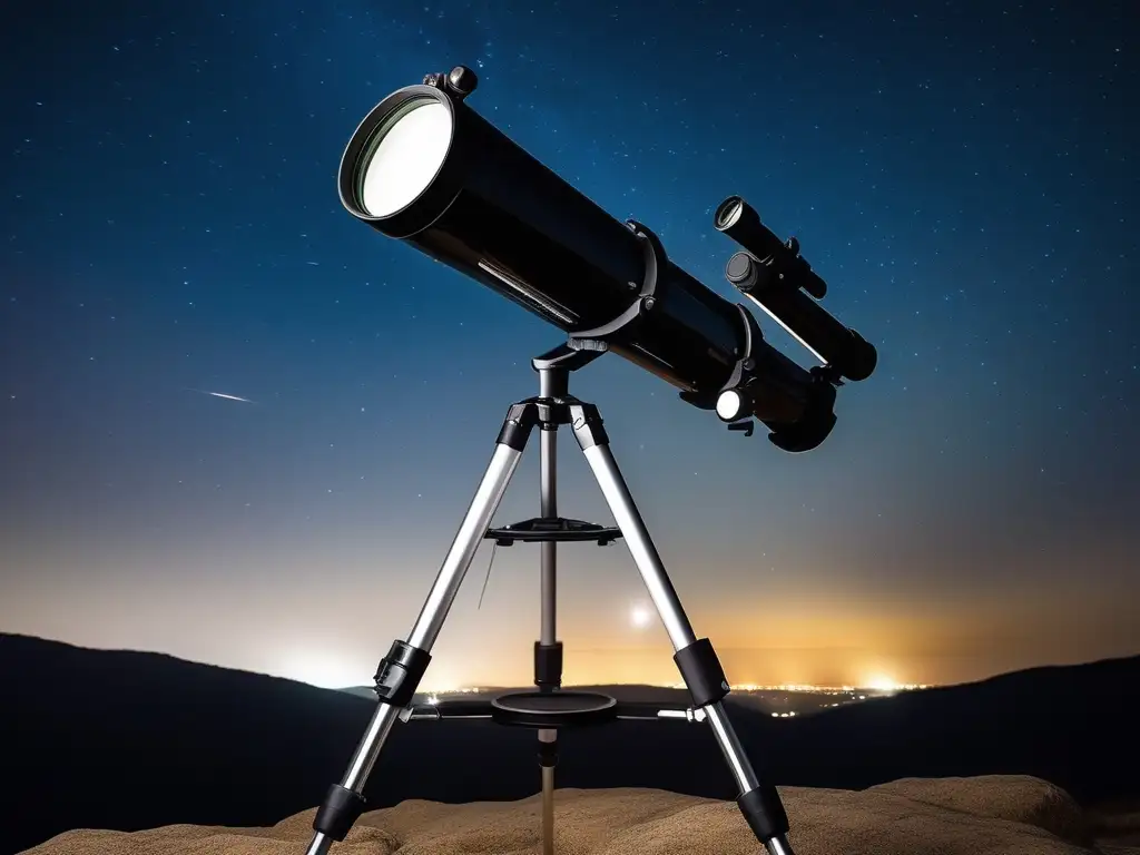 Telescopio moderno y minimalista Mejorar equipo observación astronómica con telescopio moderno y elegante, trípode ajustable y cielo estrellado