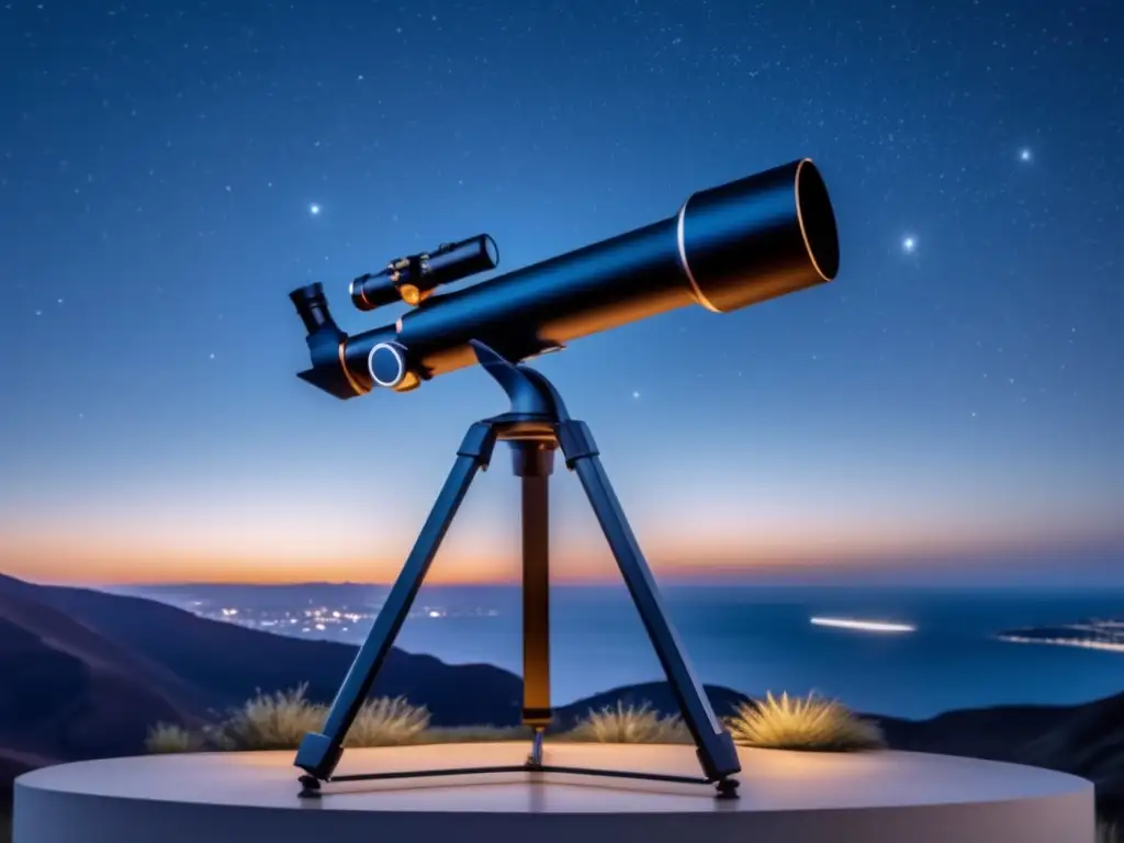 Telescopio moderno de alta precisión en el cielo nocturno Un telescopio moderno y detallado en 8k, con diseño minimalista y acabado negro mate
