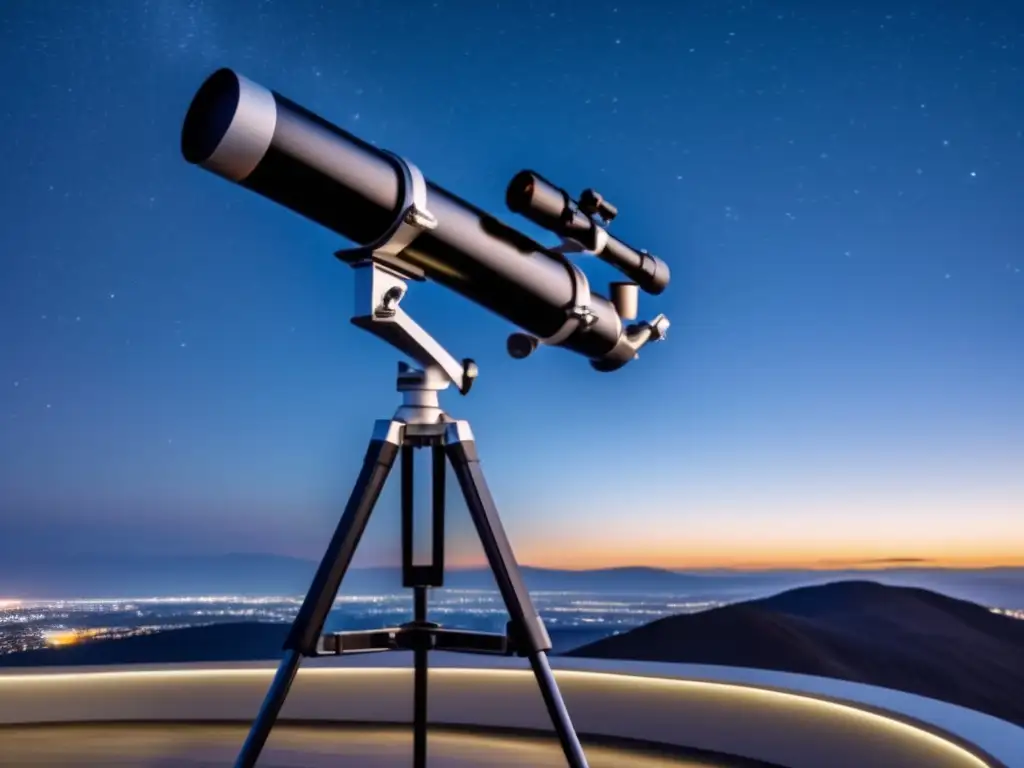 Telescopio moderno y minimalista en un cielo estrellado Telescopio moderno y minimalista con trípode, en un cielo nocturno despejado