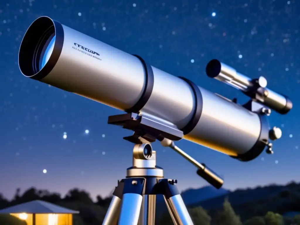 Telescopio moderno en el cielo estrellado Guía de observación astronómica con telescopio