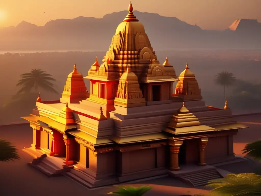 Majestuoso templo hindú al atardecer Vista impresionante de templo hindú antiguo, con detalles arquitectónicos y conexión arqueoastronómica