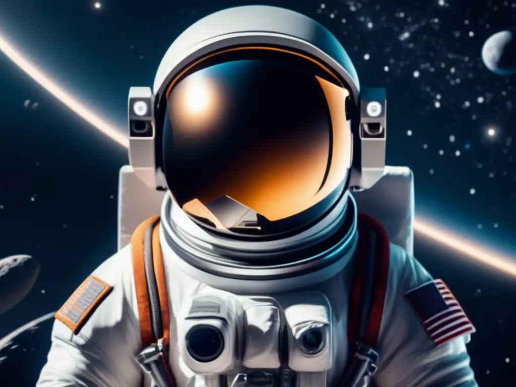 Traje espacial minimalista flotando en el espacio Traje de astronauta minimalista suspendido en el espacio con detalles ultradetallados