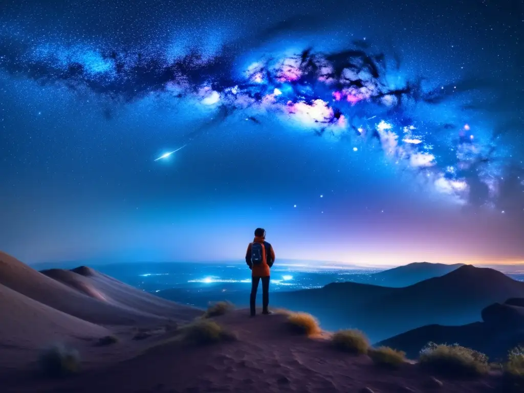 Noche estrellada con astrónomo Descubriendo los secretos del universo desde casa: imagen 8K de la impresionante noche estrellada con astrónomo maravillado